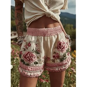Women's Patchwork Floral Embroidered Shorts, Elastic Waist Boho Casual Shorts Beige
