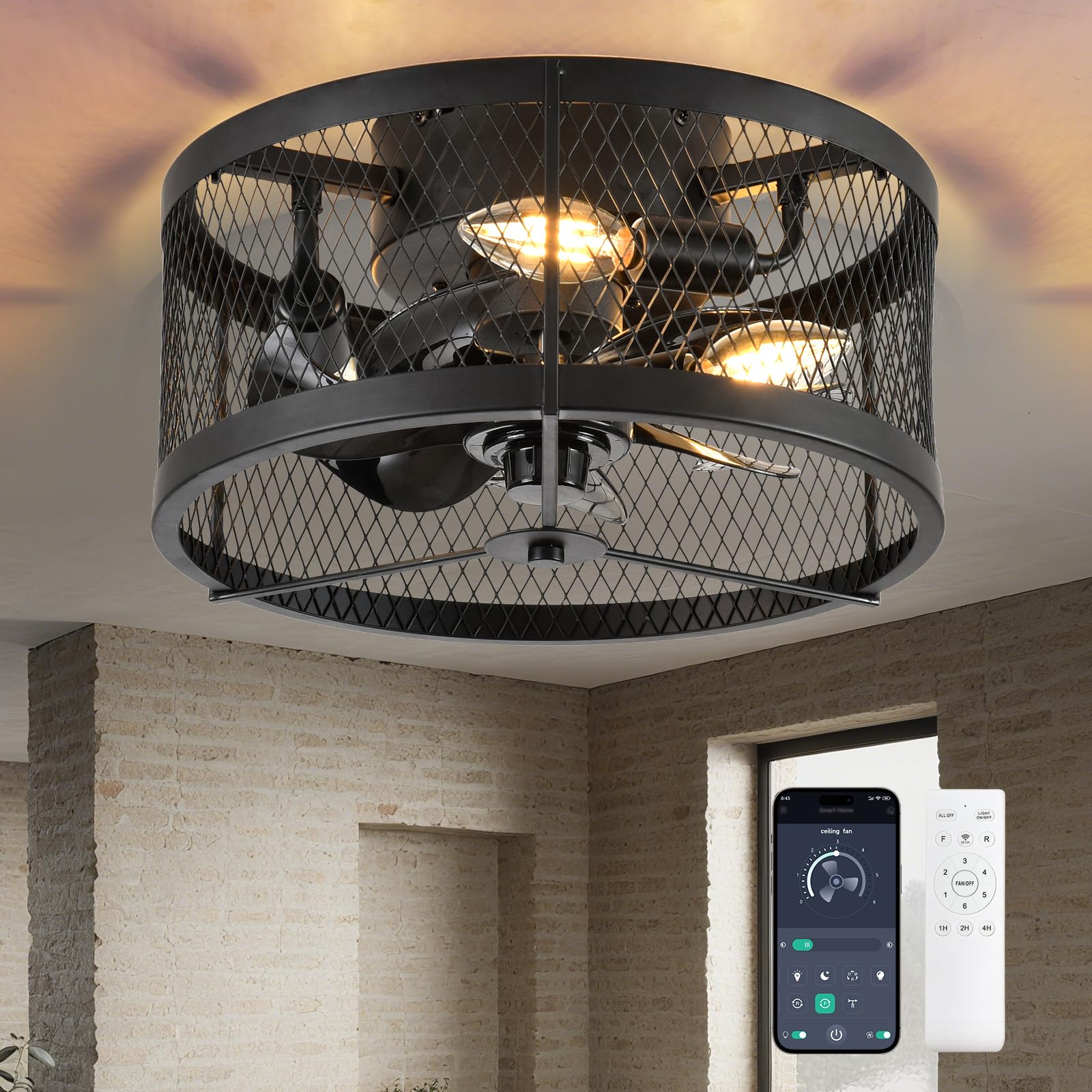 Photo 1 of Depuley Outdoor Ceiling Fan with Light: 13" Caged Ceiling Fans with Remote App Control for Patio Kitchen Bedroom - Farmhouse Fandelier Flush Mount Lights Fixture Reversible 6 Speed Timer Black