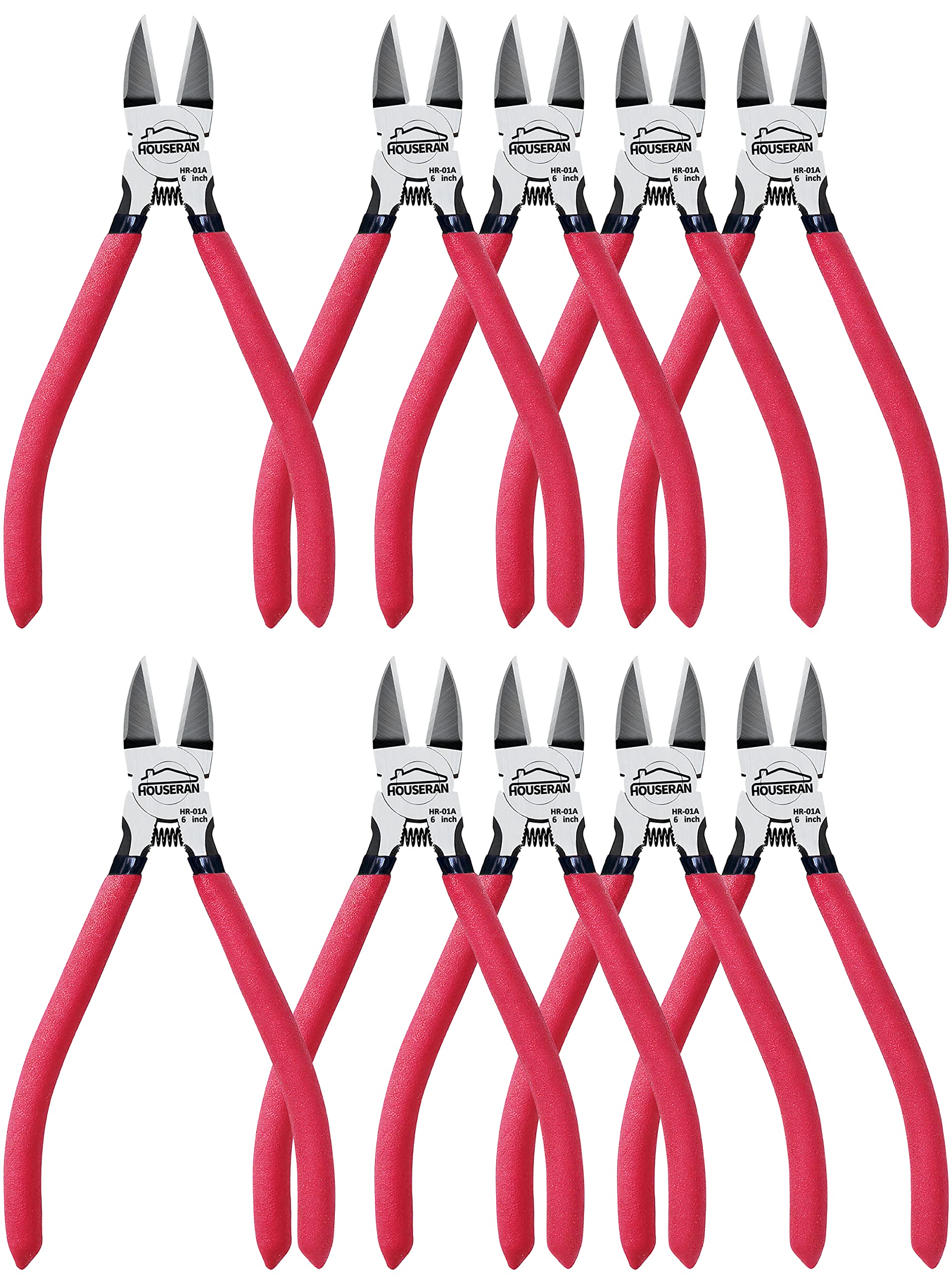 HOUSERAN 6" Wire Cutters, 10 Pack Dykes with Non-Slip Red Handle, Side Cutteres, Flush Cutter for Artificial Flowers, Crafts, Zip Tie