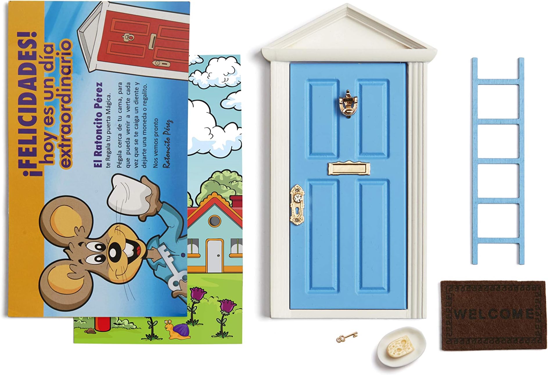 LA PUERTA MÁGICAMagic Door of the Tooth Fairy Blue + Ladder + Plate + Cheese + Doormat + Key + Drawing for the Door's Background + Greeting Card