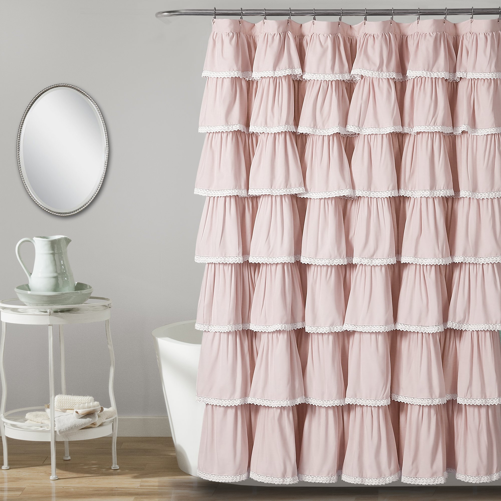 Lush Decor 16T002873 Lace Ruffle Shower Curtain, 72" x 72", Blush