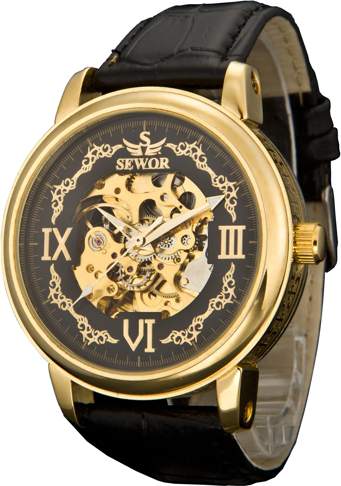 Sewor Crusader Mens Mechanical Hand Wind Skeleton Transparent Wrist Watch