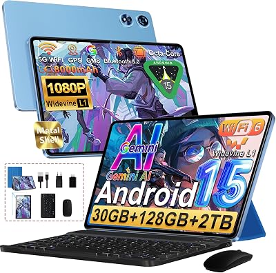 2026 Tablet 10 Pulgadas Android 15 con Gemini AI, 30GB RAM + 128GB ROM（TF 2TB）, Octa-Core 2.0GHZ, 8000mAh, GMS, Widevine L1, 5G WiFi 6 & BT 5.0, GPS, OTG, Tablet con Teclado y Raton-Azul