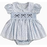 GOOCHEER Newborn Baby Girl Summer Outfits Bow Embroidery Smocked Romper Dress Floral Short Sleeve Bodysuit Jumpsuit Clothes