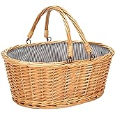 Wicker Picnic Basket with Double Folding Handles, Natural Large Willow Hamper Empty Basket Cheap Easter Eggs Candy Storage Wi