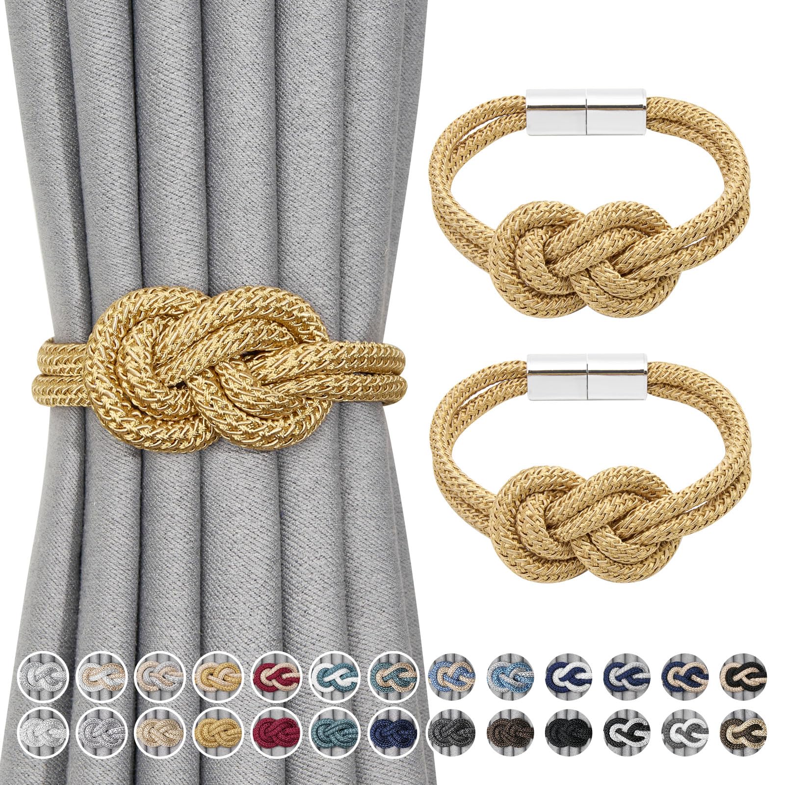 Pretty Jolly 2 Pack Mini Magnetic Curtain Tiebacks Nordic Simple Style Drape Tie Backs Elegant Hand Weave Rope Knot Decorative Curtain Holdbacks for Home & Office Window Drapery (Gold)