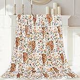 JarThenaAMCS Floral Highland Cow Fuzzy Flannel Blanket 60 x 50 Inch Farmhouse Throw Blanket Watercolor Flower Cow Blanket for Home Chair Sofa Couch Bed
