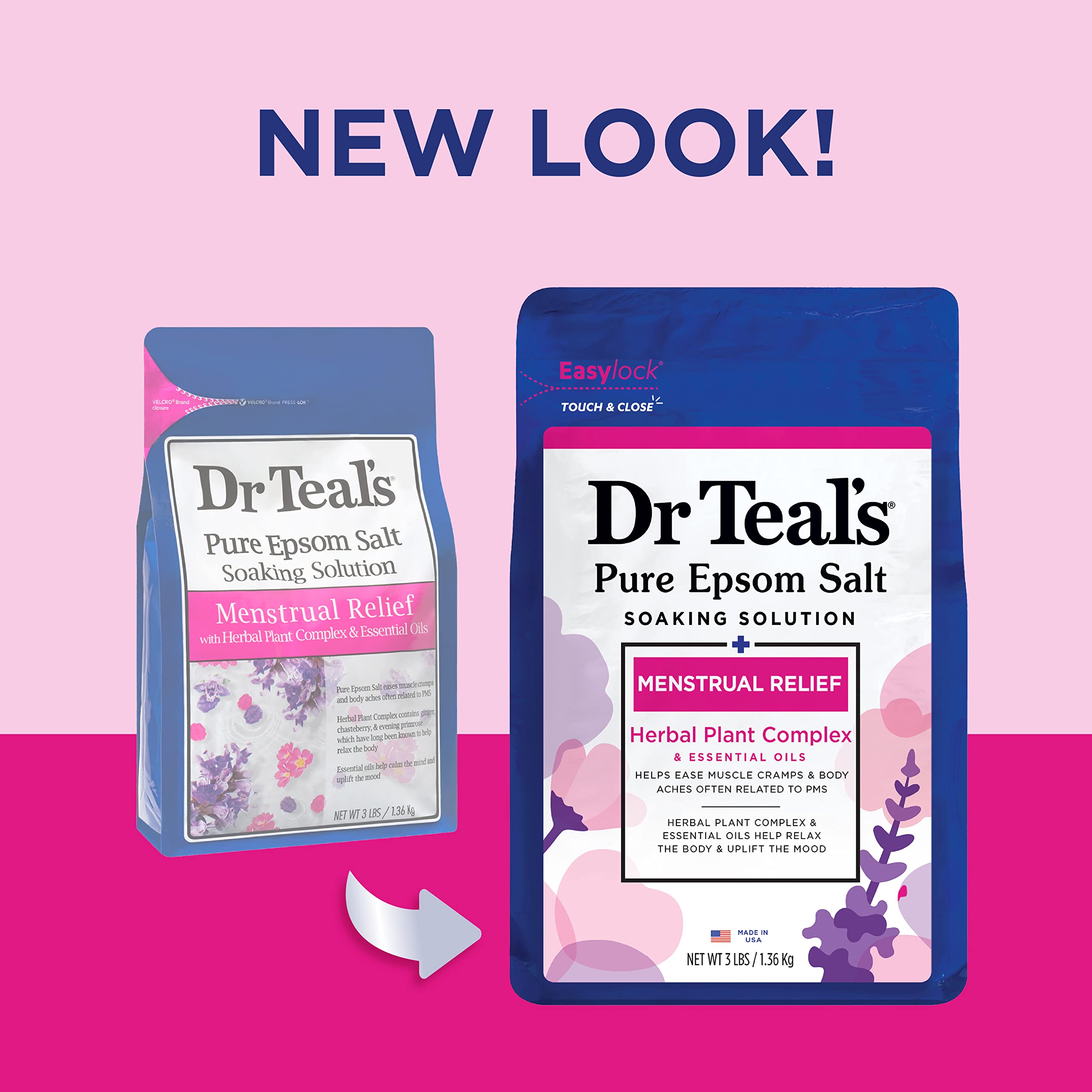 Dr Teal's Pure Epsom Magnesium Salt Soaking Solution, Menstrual Relief with Herbal Plant Complex & Essential Oils 3 lbs (Pack of 4)