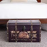 Household Essentials Large Decorative Trunk, Vintage Decoupage, Metal Accents with Leather Strapping, Strong MDF Frame, Clasp