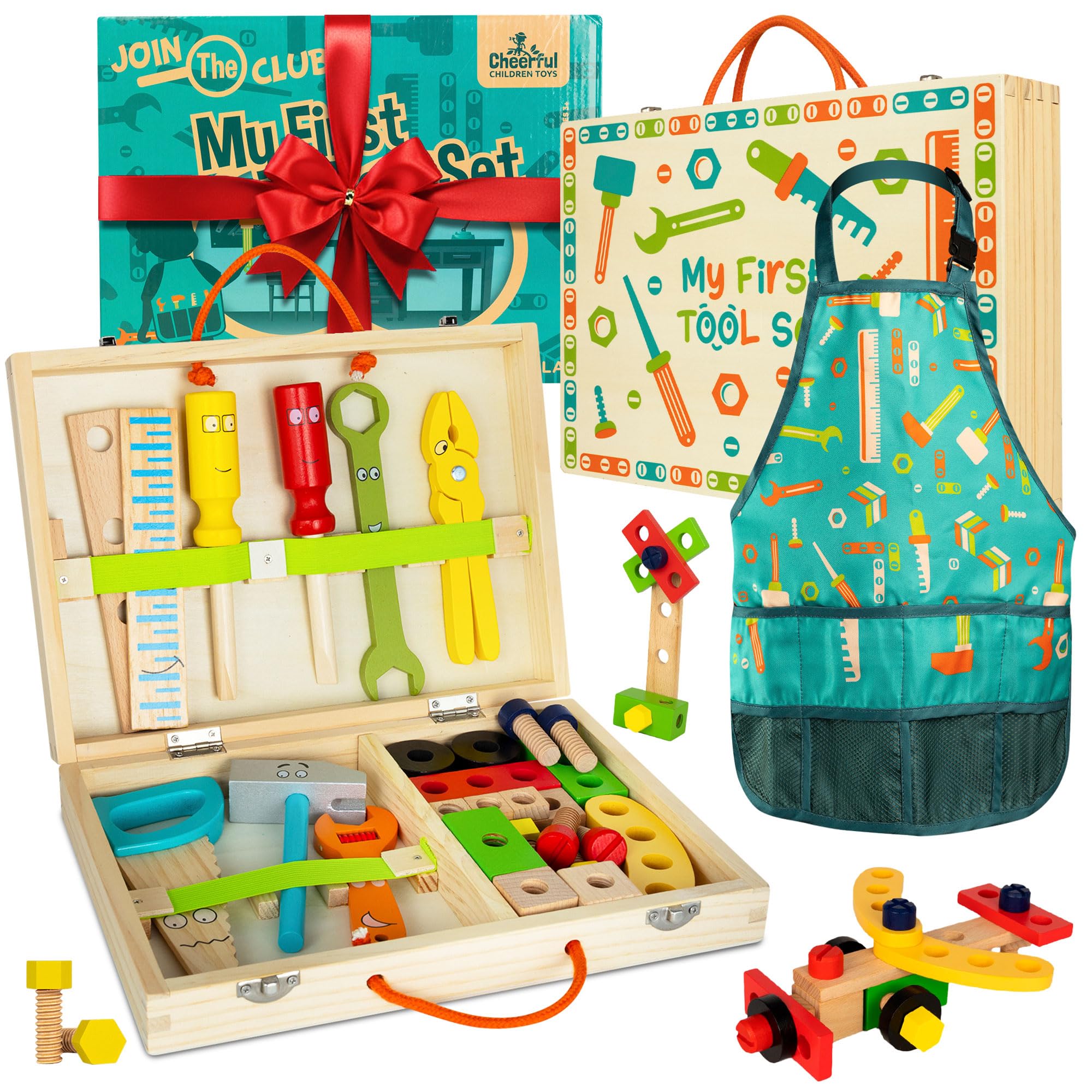 Cheerful Children Toys High-Grade Kids Tool Set, 36 Pcs Wooden Tool Set for Kids 3-7, Include Portable Tool Box & Adjustable Apron , DIY Gift for Young Builders, Play Tools for Creativity & Fun