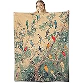 cromcu Vintage Bird Flannel Throw Blanket 60x50 Inch, Colorful Birds on Blossoming Tree Branch, Nature Art Style Blankets for Living Room, Bedroom, Sofa, Songbird Lover Decorative Gifts Throws