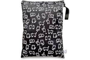 FLOCK THREE Waterproof Wet Bag Reusable for Wet Clothes Baby Diapers Stroller Swimsuit Travel Washable toiletries Pouch Large Electronics case 12.6'' x 16.5'' (Black Cats)