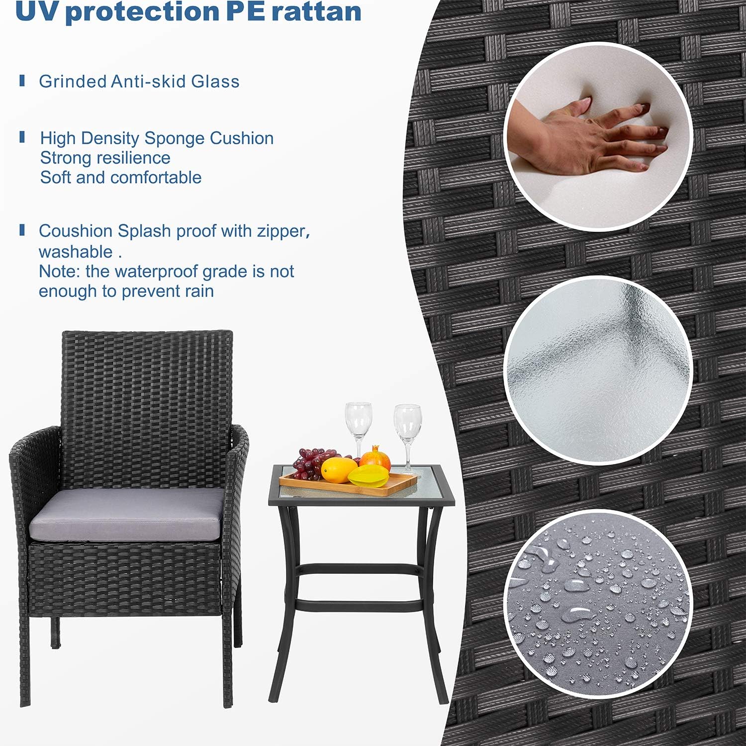 Shintenchi 3 Pieces Outdoor Patio Furniture Set, Portable Rattan Chair Wicker Furniture for Backyard Porch Lawn Garden Balcony with Cushions,Conversation Sets with Coffee Table: Garden & Outdoor