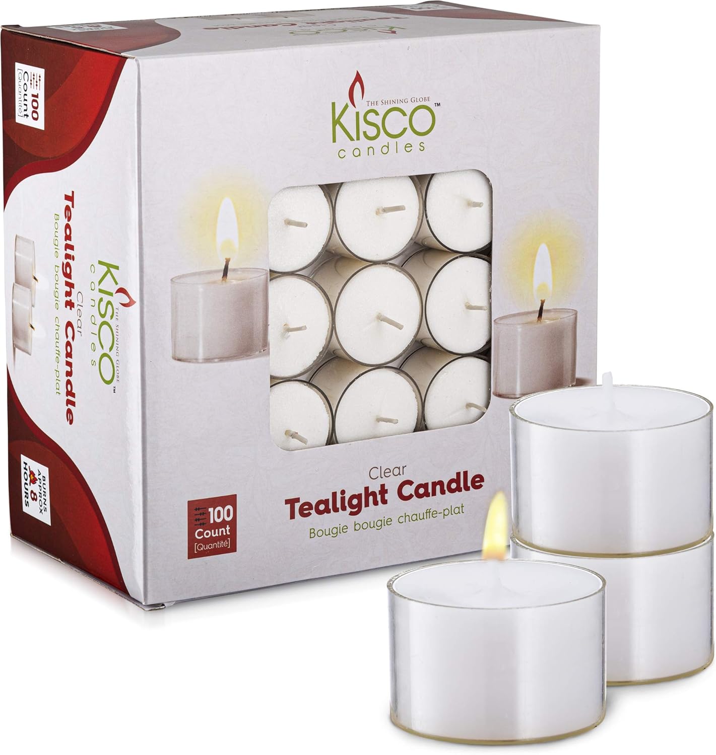 Kisco Genuine Tea Light Candles in Clear Holder Cups Bulk