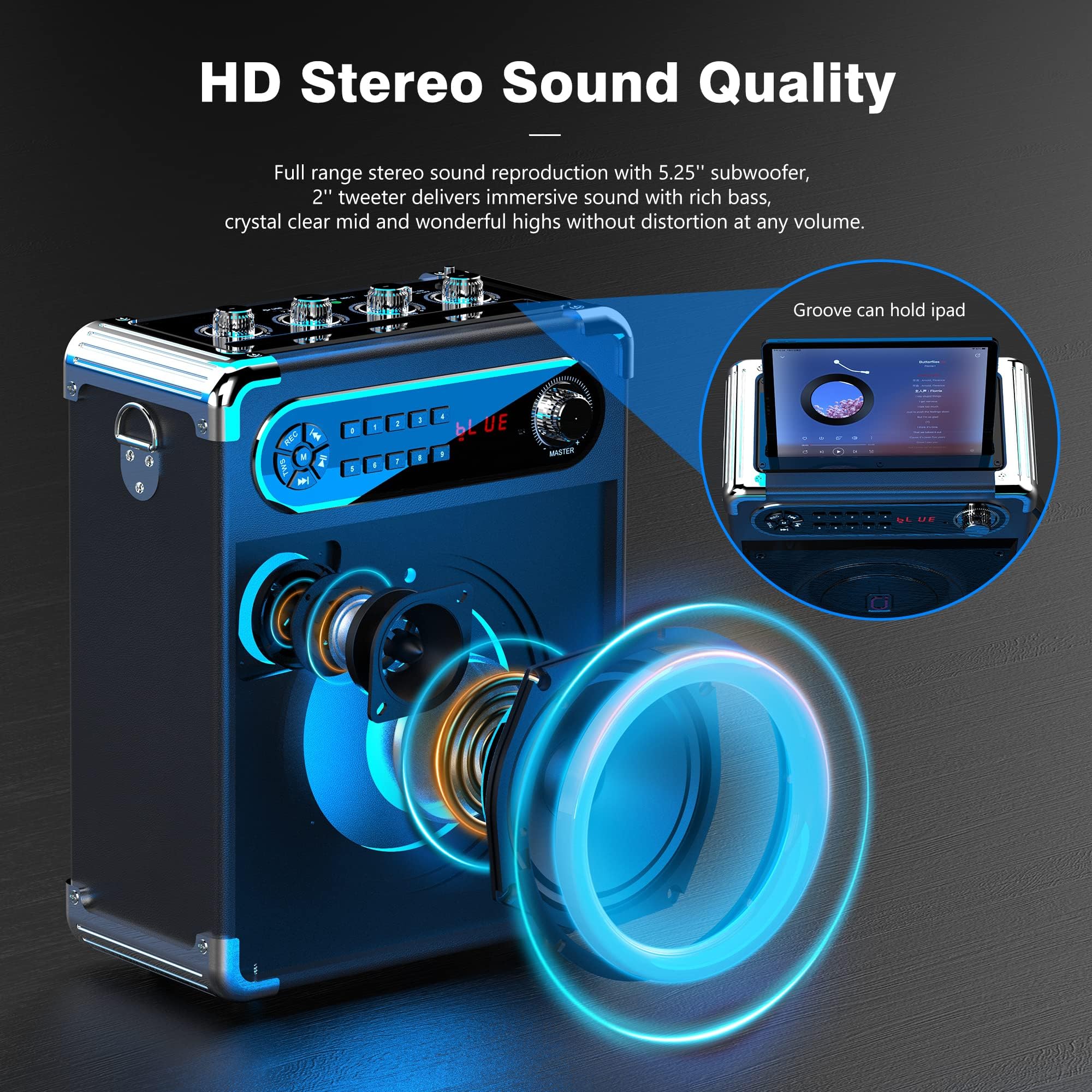 JYX Karaoke Machine with 2 Wireless Microphones, Bluetooth Speaker PA System for Adults and Kids with LED Light, 5200mAh Battery, Supports TWS/REC/FM/AUX in/USB/TF for Christmas Party, Wedding