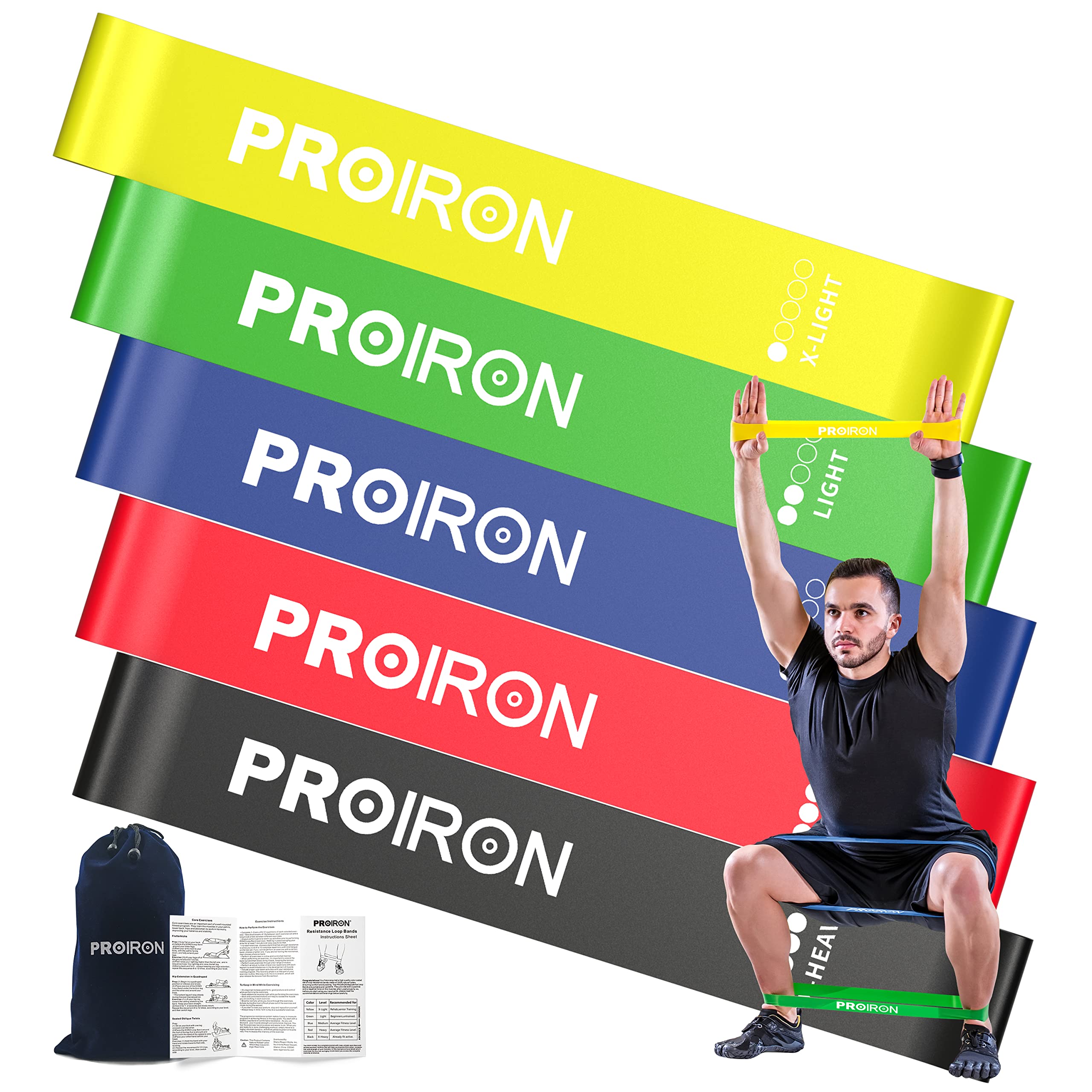 PROIRON Resistance Bands Set Men Women, 5 Different Strength Levels, Fitness Exercise Loop Gym Bands, for Pilates, Yoga, Stretch, Legs, Glutes, Ankle, Arms, Physio - Carrying Case