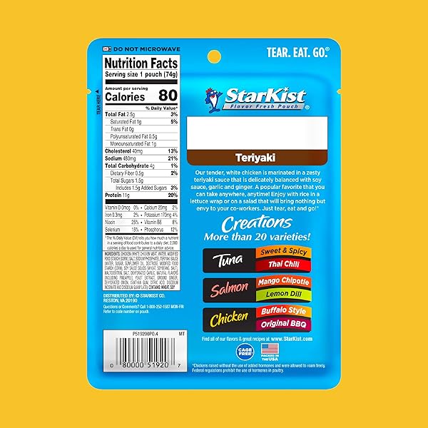 STARKIST CHICKEN CREATIONS TERIYAKI POUCH (2.6 OZ – 1 PACK) FULLY COOKED HIGH PROTEIN WHITE MEAT, NO DRAINING, READY TO EAT FOR SALAD AND SANDWICHES