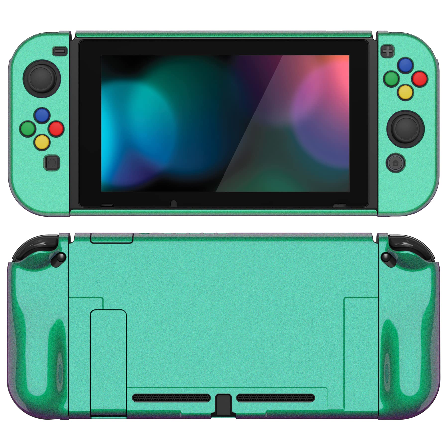 PlayVital AlterGrips Ergonomic Grips Cover for Nintendo Switch, [2 Design] Interchangeable Comfort Dockable Protective Case with Screen Protector & Thumb Grip Buttons Caps - Chameleon Green Purple