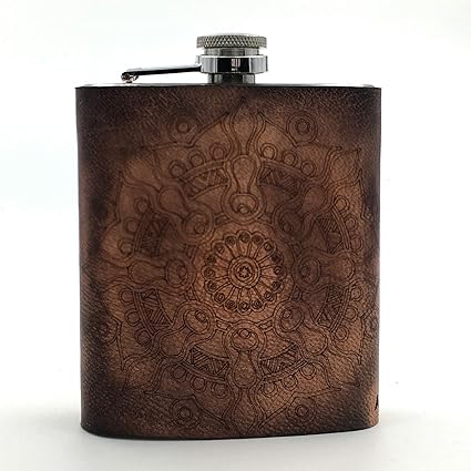 VINAY AND VIJAY Unique and Antique Handmade Indian Motif Pattern Engraved Hip Flasks for Men - Maroon
