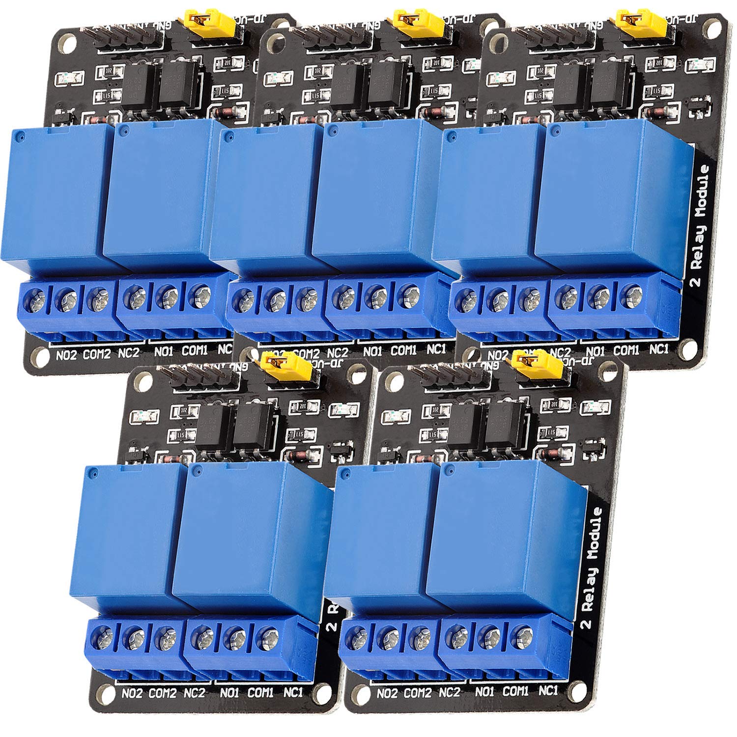 AZDelivery 2 Channel Relay Module DC 5V with Optocoupler Low-Level Trigger Relay Shield Board Compatible with Arduino and Raspberry Pi Including E-Book! (Pack of 5)