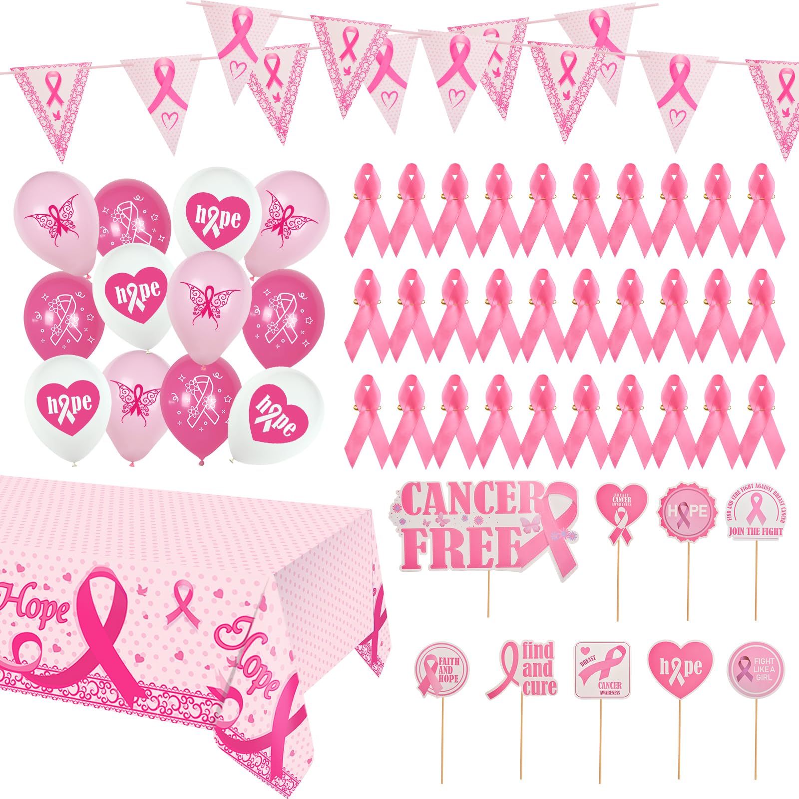 WANDIC Pink Ribbon Decoration Large Set, 2.4 * 1.4 yd. Tablecloth, Banners,18pcs Balloons, Cake Toppers & Pink Ribbon Pins for Breast Cancer Awareness