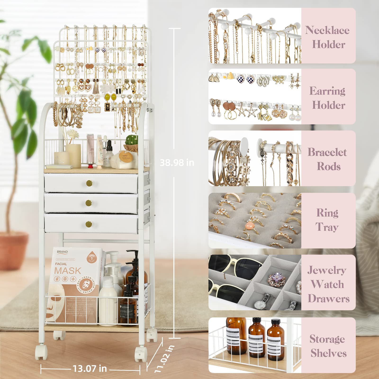 Keebofly Keebofly Large Jewelry Organizer Stand with 3 Box Drawer - Necklace Organizer Earring Storage Armoire Holder with Display for Earring Necklace Ring Bracelet