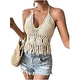 SOLY HUX Women's Crochet Tops Summer Sexy Knitted V Neck Sleeveless Camisole Halter Fringe Crop Top