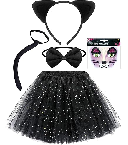 4-Piece Halloween Black Cat Costume For Girls Kitty Costumes Accessories For Kids Headband, Tail, Bow Tie Necklace, Tutu