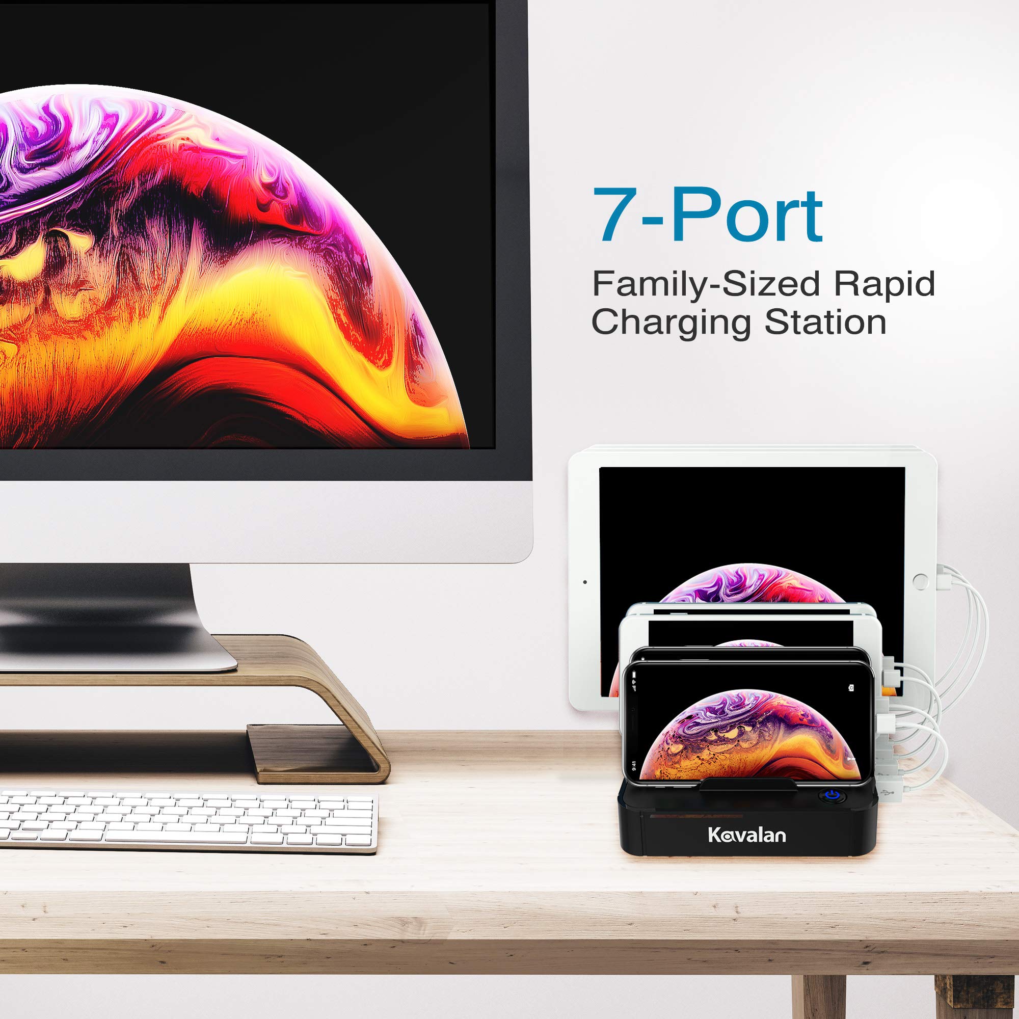 Kavalan 7 Port USB Charging Station Dock & Organizer with 2 Fast Charging Port, Universal Desktop Tablet & Smartphone Multi-Device Charger Hub with Smart Rapid Charging Ports_5 Cables Included