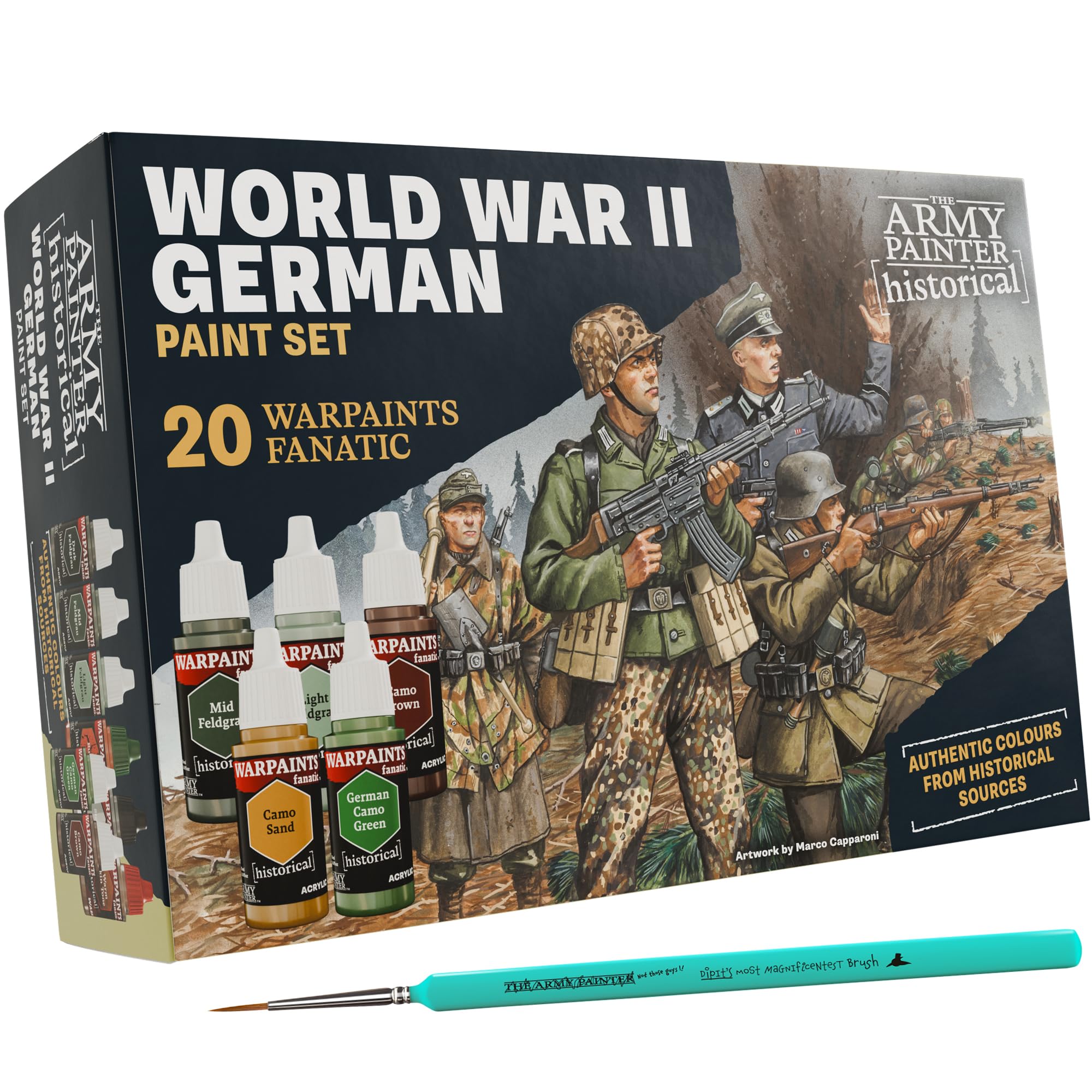 The Army Painter, Historical: WWII German Paint Set Combo, 20 x 18 ml Warpaints Fanatic: 14 acrylic, 4 Washes, 1 Effect, 1 Metallic & 1 Brush - Miniature Paint to recreate the Blitzkrieg