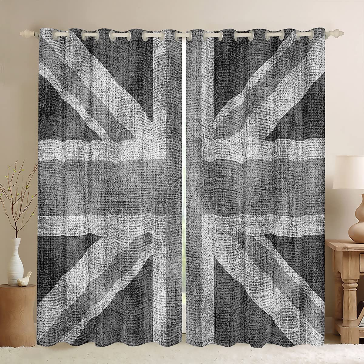 Loussiesd United Kingdom Flag Curtain Union Jack Window Drapes Grey UK Flag Window Curtains for Bedroom Living Room For Kids Adults Geometric Window Treatments,W46*L72