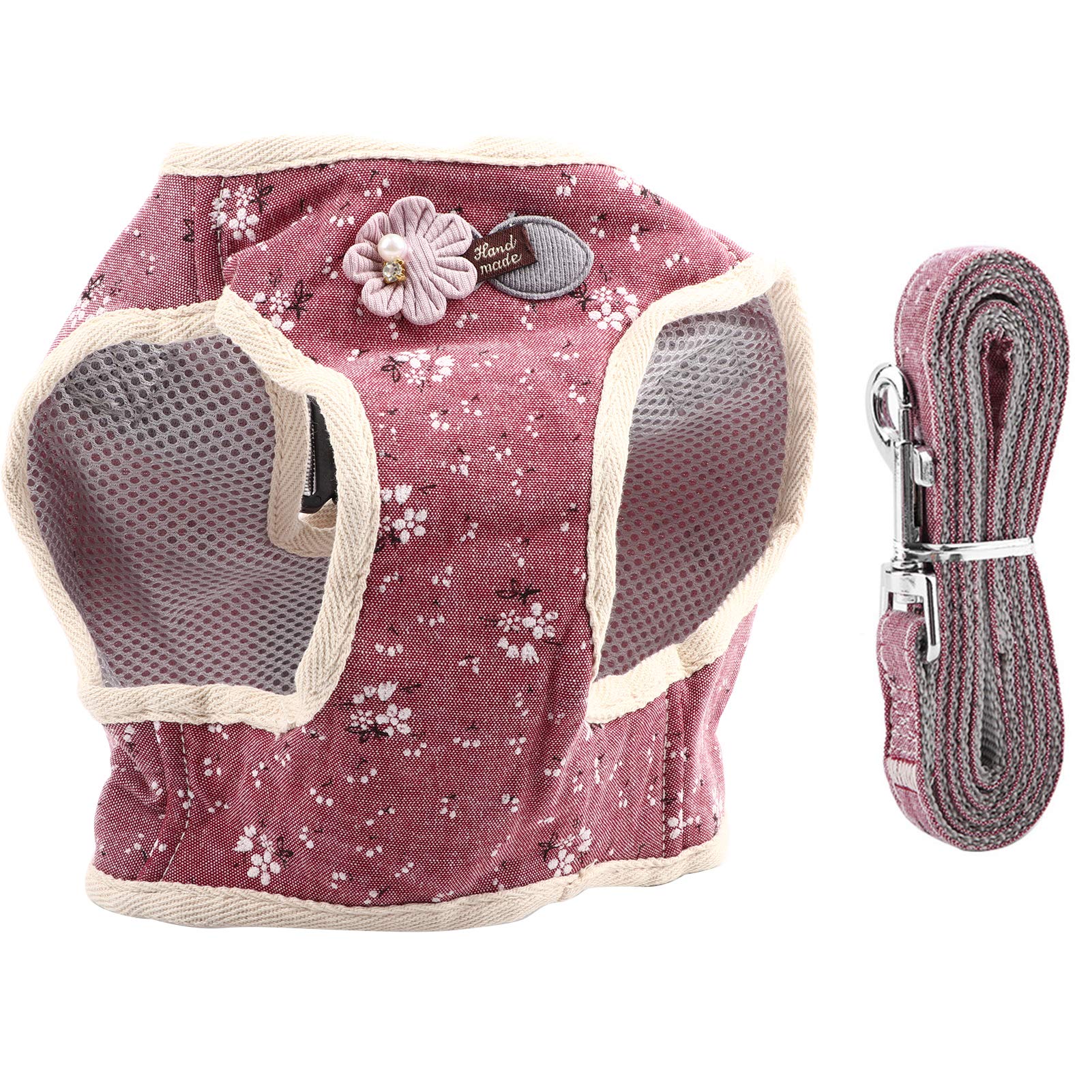 Secure Fit Cat Harness and Dog Harness Set - Breathable Cotton No Pull Vest with Lead for Small to Medium Dogs and Cats (Red, M)