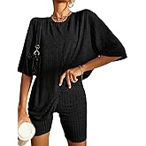 WDIRARA Women's 2 Piece Outfits Rib Knit Crew Neck T-Shirt Skinny Legging Pants Workout Matching Sets