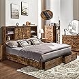 VanAcc Queen Size Bed Frame, Wooden Platform Storage Bed with 51.2" Bookcase Headboard, 2 Drawers, Charging Station/No Box Spring Needed/Noise Free(Rustic Brown)