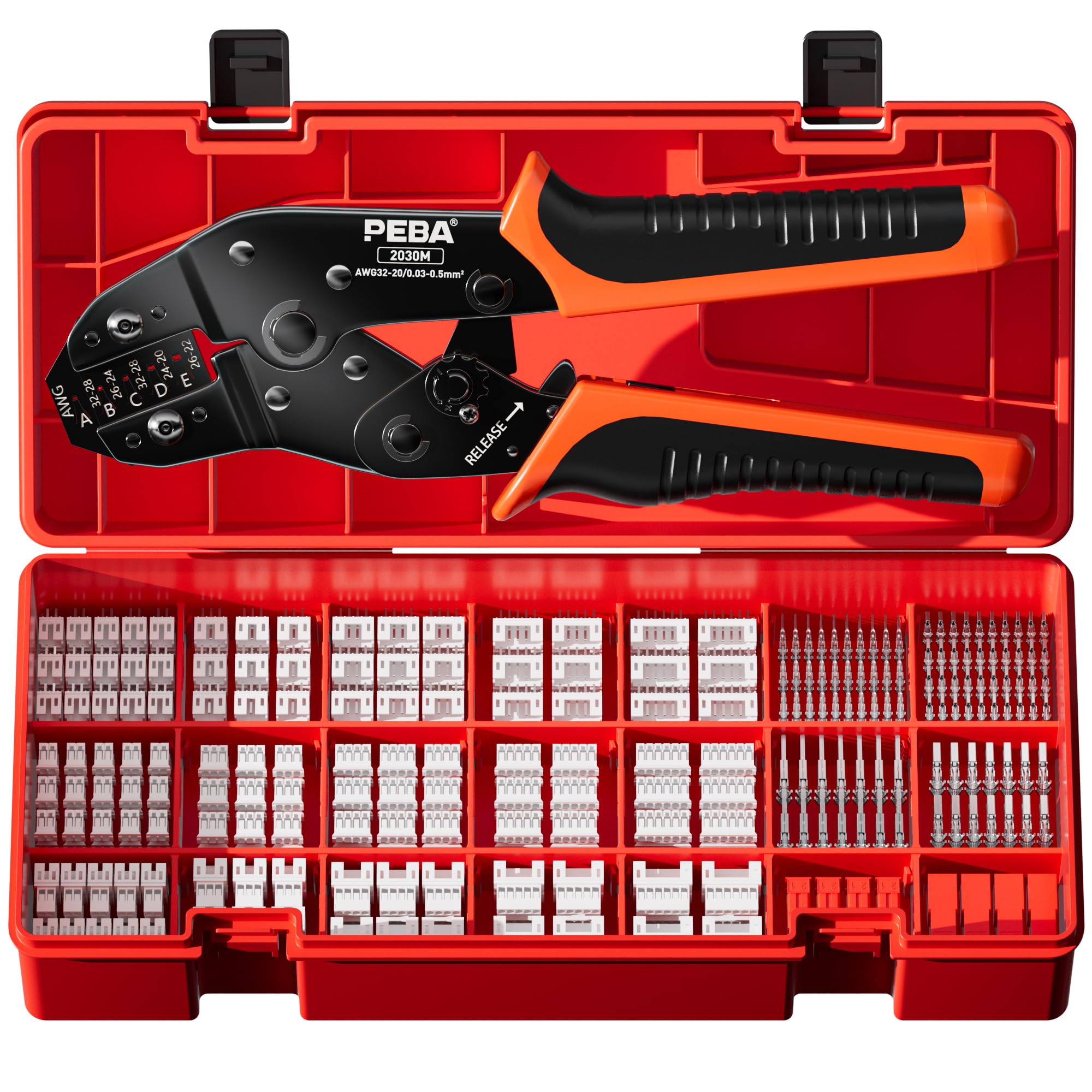 PEBA Crimping Tool and JST Connector Kit - 21 Types of 2.0 mm JST-PH 2/3/4/5/6-Pin Connectors & Crimp Pins, 2.5mm JST-SYP Housings and Contacts, for DIY Electronics - Suitable for 0.03-0.5 mm² Wires