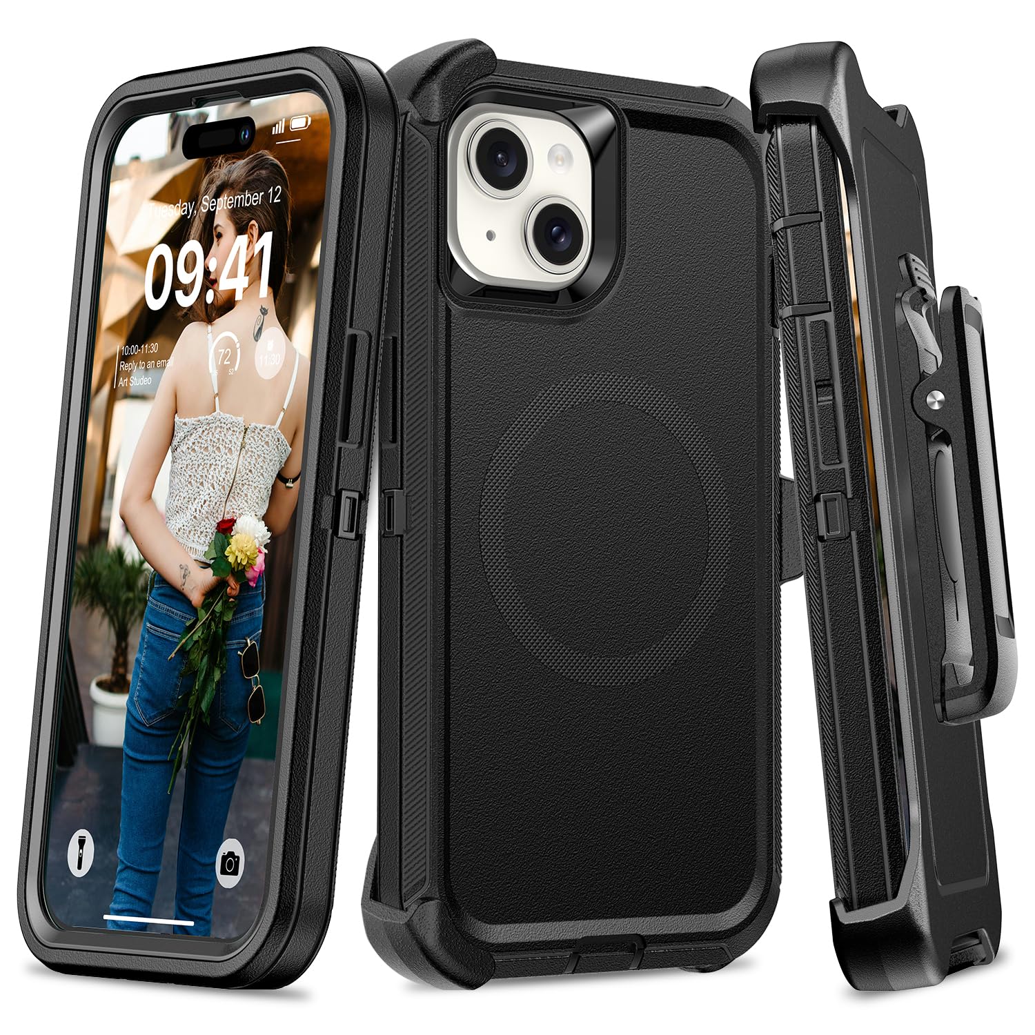 TUTUKII Compatible with iPhone 14 Plus&15 Plus Case with Belt Clip Holster, Military Grade Shockproof, Compatible with MagSafe, 3-Layer, Heavy Duty Magnetic Phone Case Cover, 6.7", Black