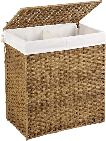 Songmics Handwoven Laundry Basket 110l Synthetic Rattan Divided Clothes Hamper With Lid And Handles Foldable Removable Liner Bag Natural Lcb52nl Amazon Co Uk Kitchen Home