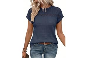 Dokotoo Women's Tops Casual Crewneck Short Sleeve Waffle Knit Hollow Out Shirts Loose Tunic Tops Blouses