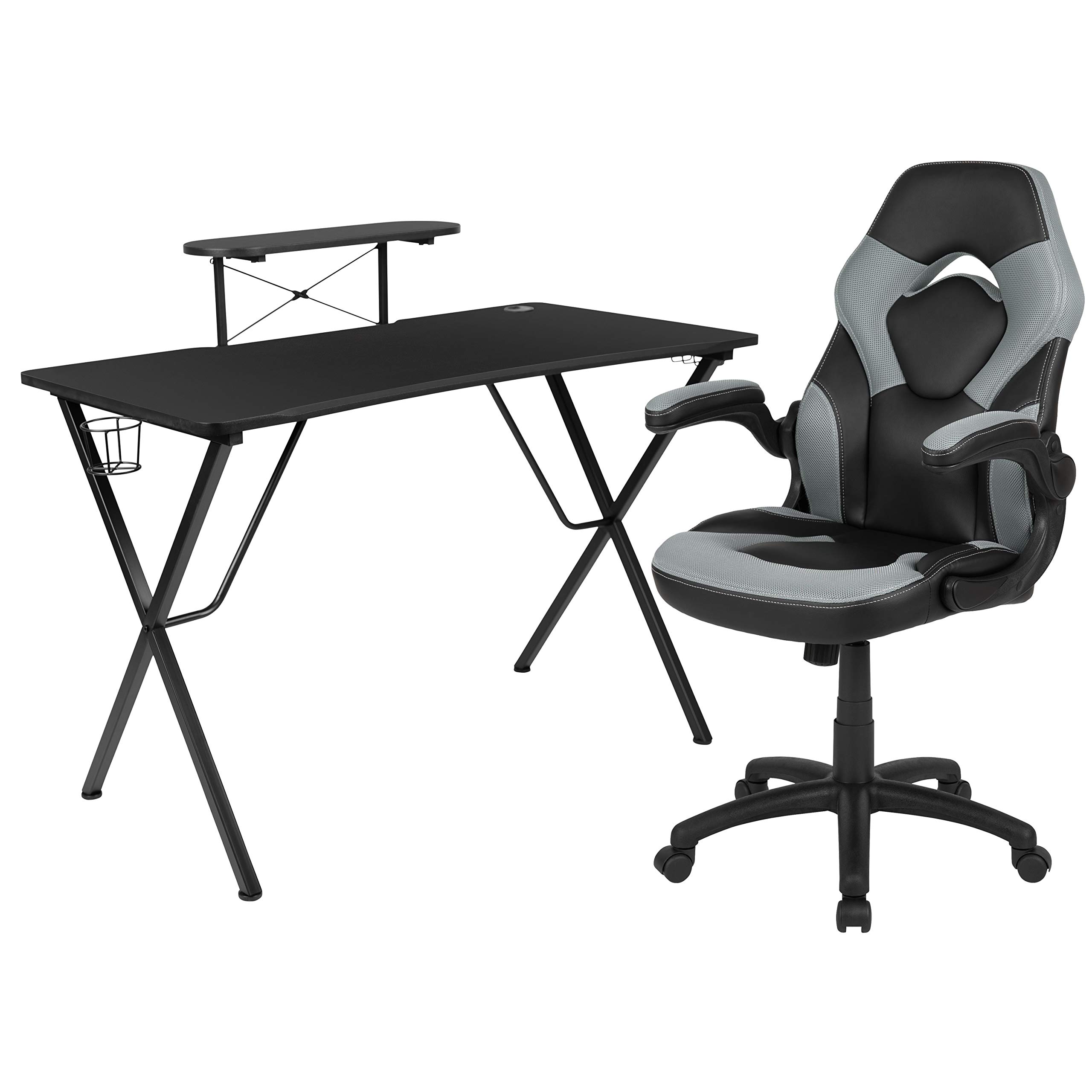 Flash Furniture Juego de escritorio para juegos negro y silla de carreras gris/negra con portavasos, gancho para auriculares y soporte para monitor/teléfono inteligente