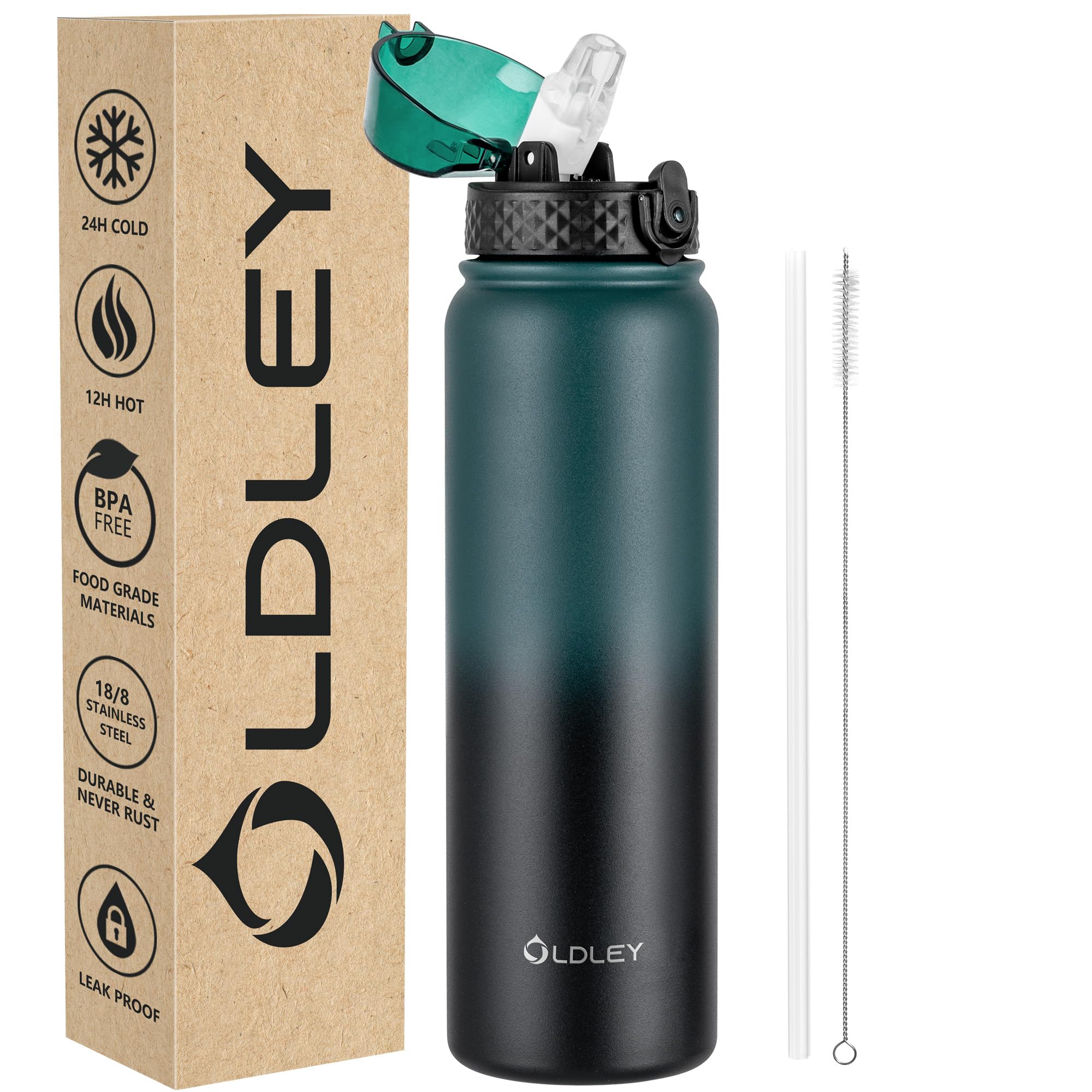OLDLEY Stainless Steel Water Bottle with Straw 1L Vaccum Insulated Large Drink Flask Metal Water Bottles 1 Litre Leakproof Keep Drinks Hot Cold for Sports Gym Adult Women Men(Green Black, 1 Lid)