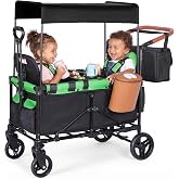 2-in-1 Wagon Stroller for Two Kids &ndash; Foldable Push &amp; Pull All‑Terrain Wagon with Canopy, 5‑Point Harnesses,Removable Snack Tray,Storage Bag, Lightweight, Compact Trunk-Friendly Fold &ndash; Green
