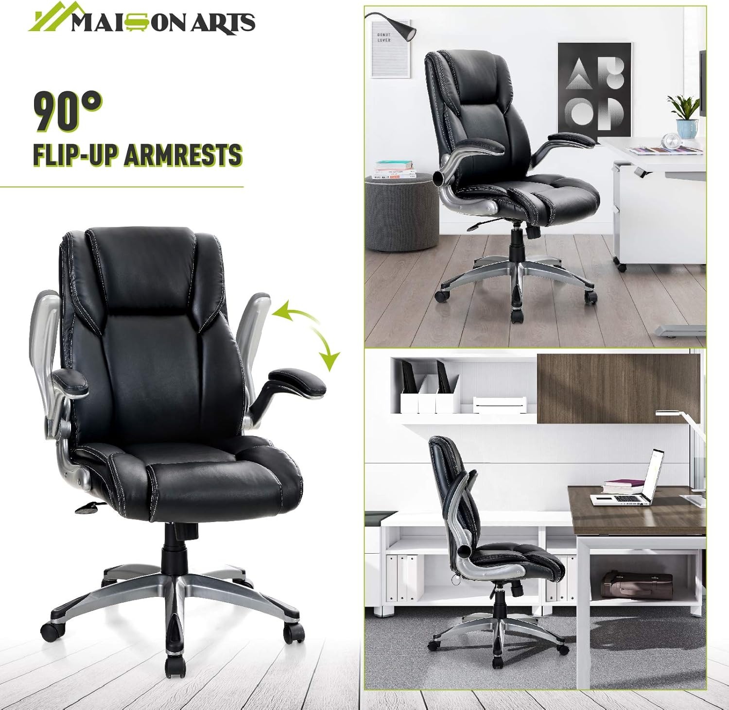 MAISON ARTS Executive Home Office Chair Desk Chair, Ergonomic Adjustable Massage Computer Task Chair with Rocking Function and Flip-up Arms, Black: Kitchen & Dining