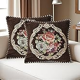 Qupace Set of 2 Brown Vintage Embroidered Throw Pillow Covers for Sofa Couch, Cushion Headboard Pillow 18x18 inch Euro Sham Covers