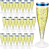 Bgtecho 100 Pack Plastic Champagne Flutes, 4.5 Oz Disposable Champagne Glasses, Cocktail Cups with Blue Rim, Clear Plastic Toasting Glasses for Wedding Birthday Party