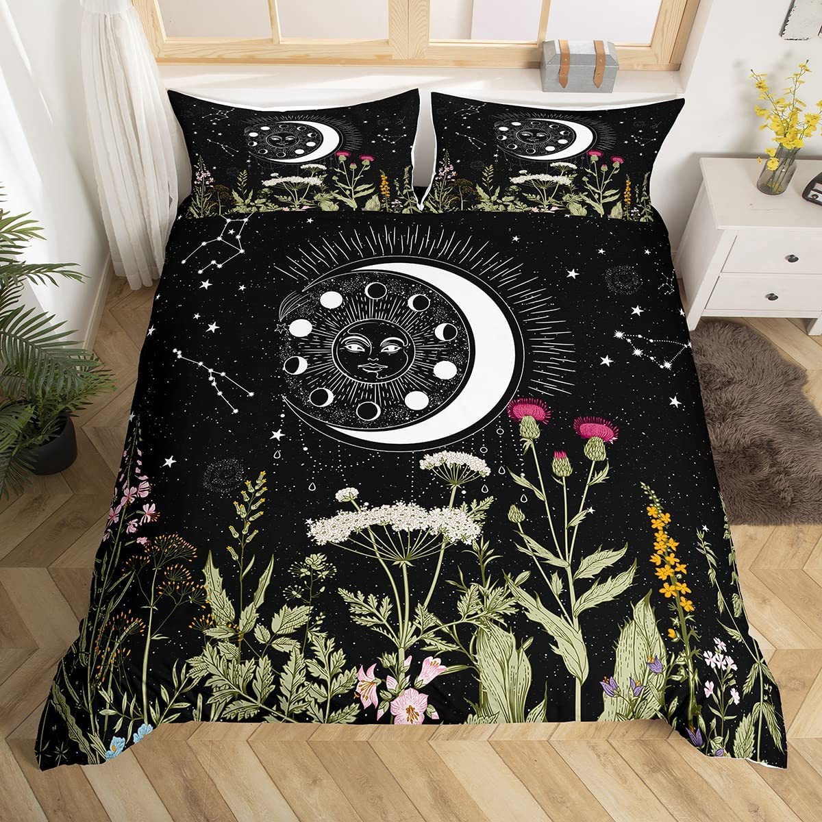 Sun and Moon Decor Kids Duvet Cover Girl Bohemian Comforter Cover Boys Teens Boho Exotic Black White Galaxy Stars Bedding Set Botanical Floral Plant Quilt Cover Single Size
