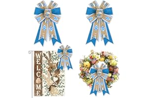 ALIBBON 2 Pcs Easter Bows for Wreaths, Easter Wreath Bows, Easter Bunny Bows for Front Door, Easter Decor, Spring Flower Blue Easter Egg Burlap Bows for Spring Wreath Indoor Outdoor Decoration
