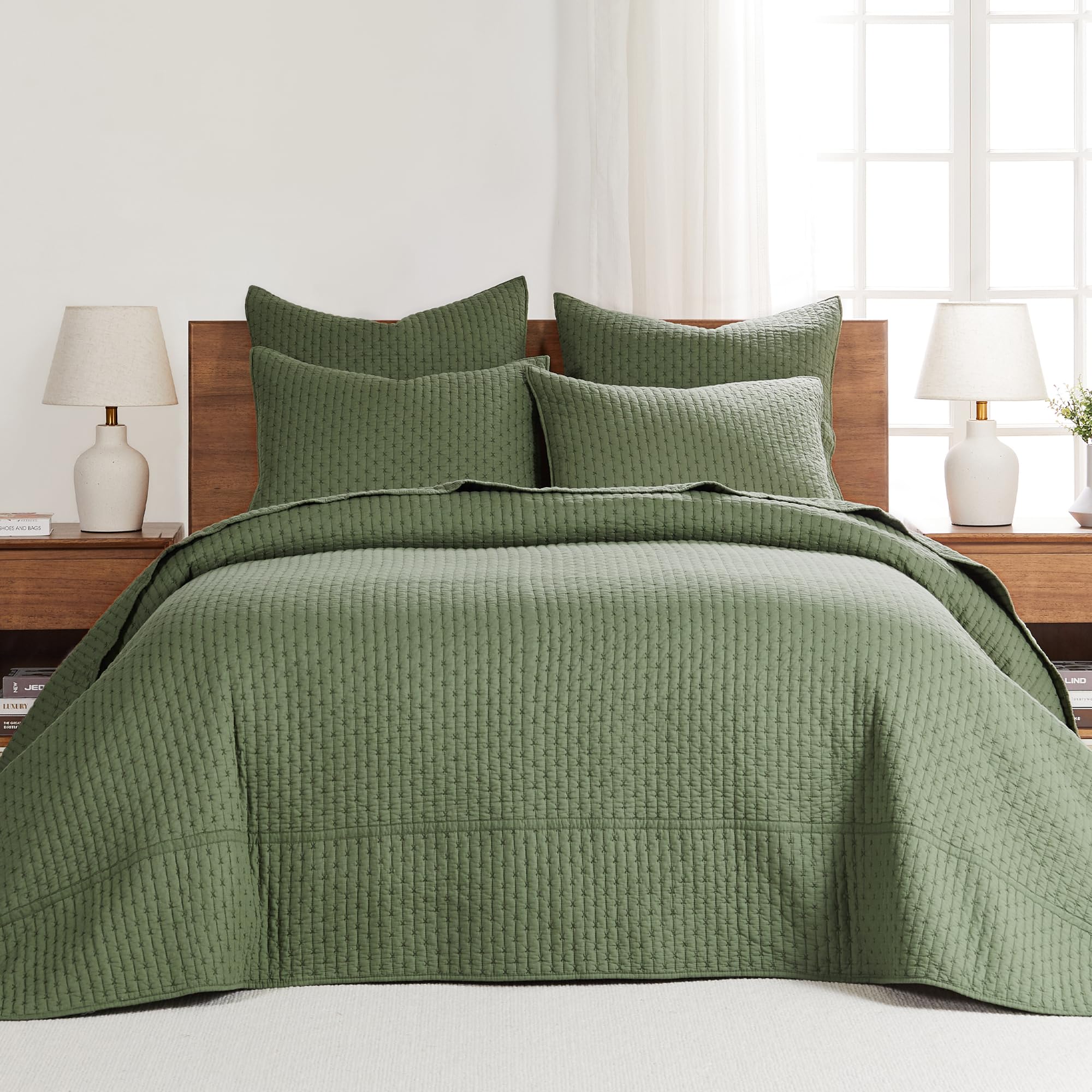 Photo 1 of Levtex Home Cross Stitch Reversible Queen Bedspread Set (104x106in) with 2 Pillow Shams (26x20in) - Stitch Texture - Forest Green - Cotton Queen Size Bedspread Set - Lightweight, Soft, Pre-Washed