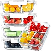 KOMUEE Glass Meal Prep Containers 3 Compartments, 5 Pack 36 oz, Glass Food Storage Containers with Lids, Airtight Lunch Bento Box, Portion Control, Freezer and Microwave Safe, White