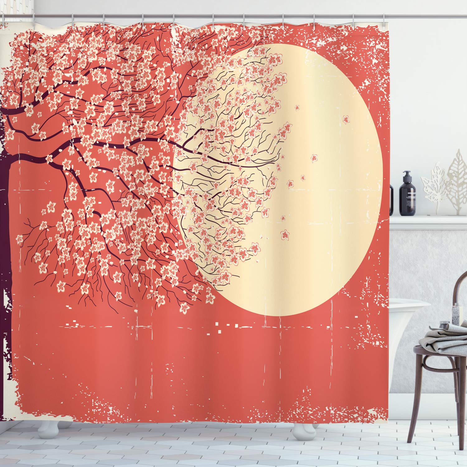 ABAKUHAUS Spring Shower Curtain, Cherry Blossom Sakura Tree Branches on Moon Japanese Style Illustration, Cloth Fabric Bathroom Decor Set with Hooks, 94 Inches, Coral Pale Yellow Plum