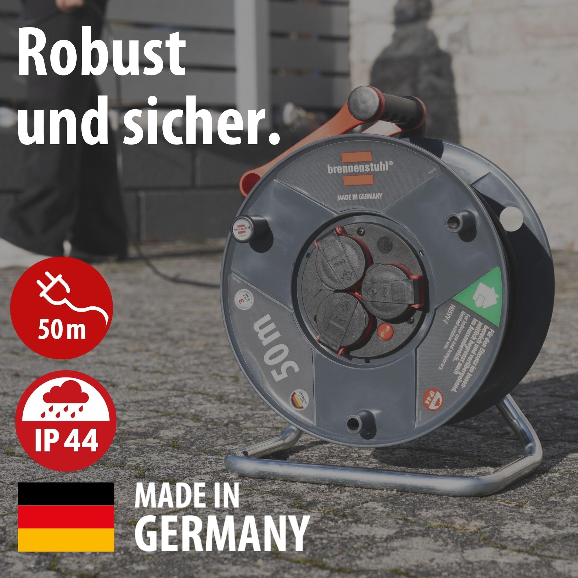 Brennenstuhl Garant V2 IP44 Kabeltrommel 50m Outdoor (Made in Germany, 3 Schutzkontakt-Steckdosen, Überhitzungsschutz, Spezialkunststoff) 2
